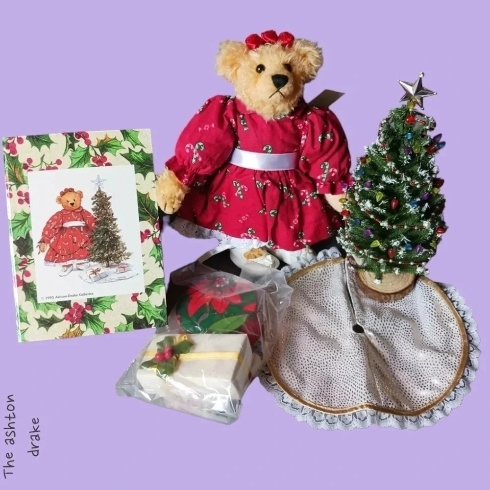 Ashton drake bear Eddie in december with christmas tree & gifts